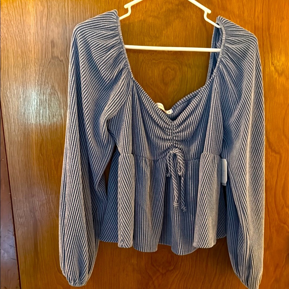 Altar'd State Blue Ruched Peplum Blouse